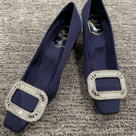 Belle Vivier Pilgrim Buckle Pumps in Satin-Navy color - Picture 3 of 7